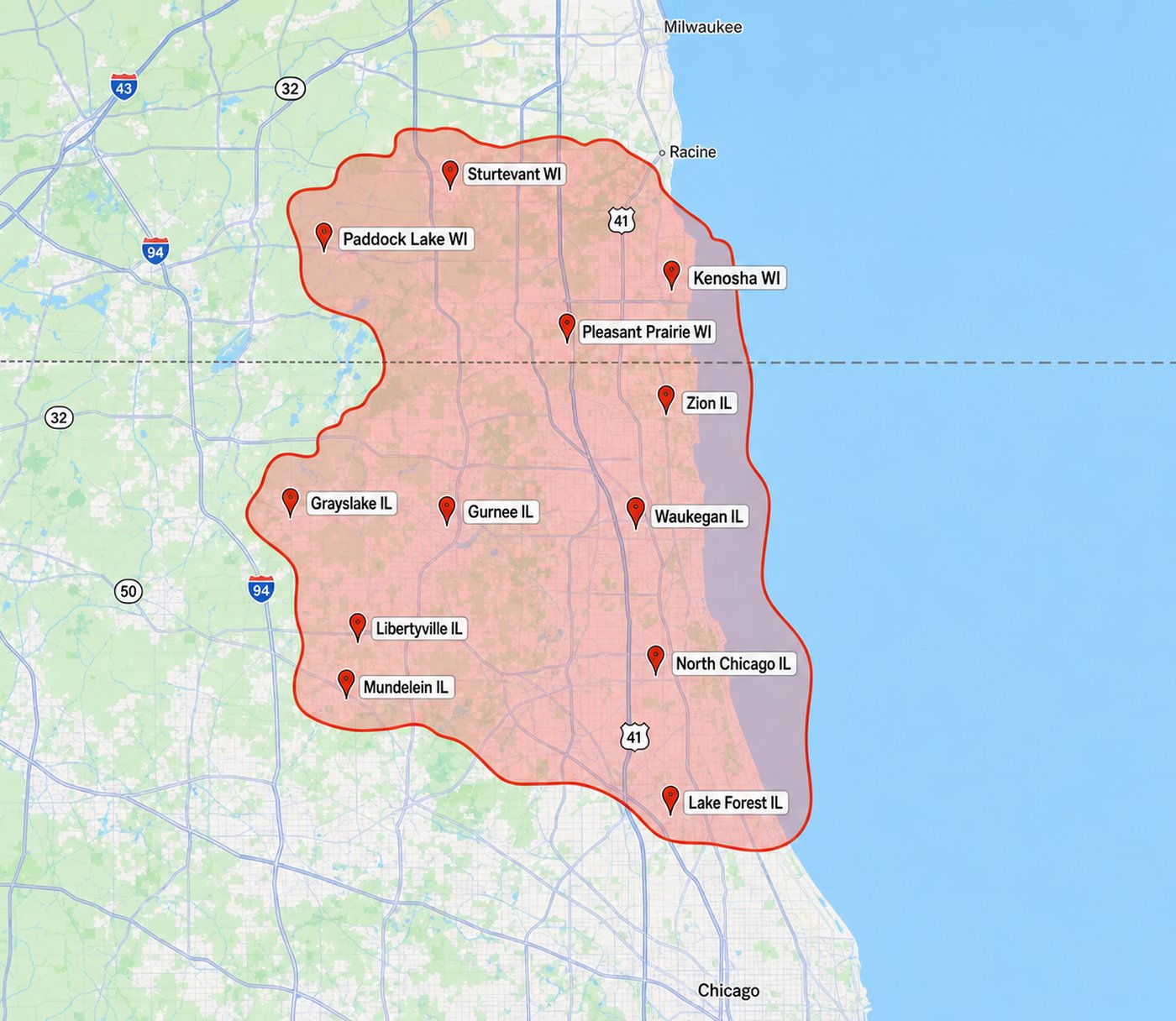 Map of the MP Roll Off Services delivery area across Lake County, IL and Kenosha County, WI